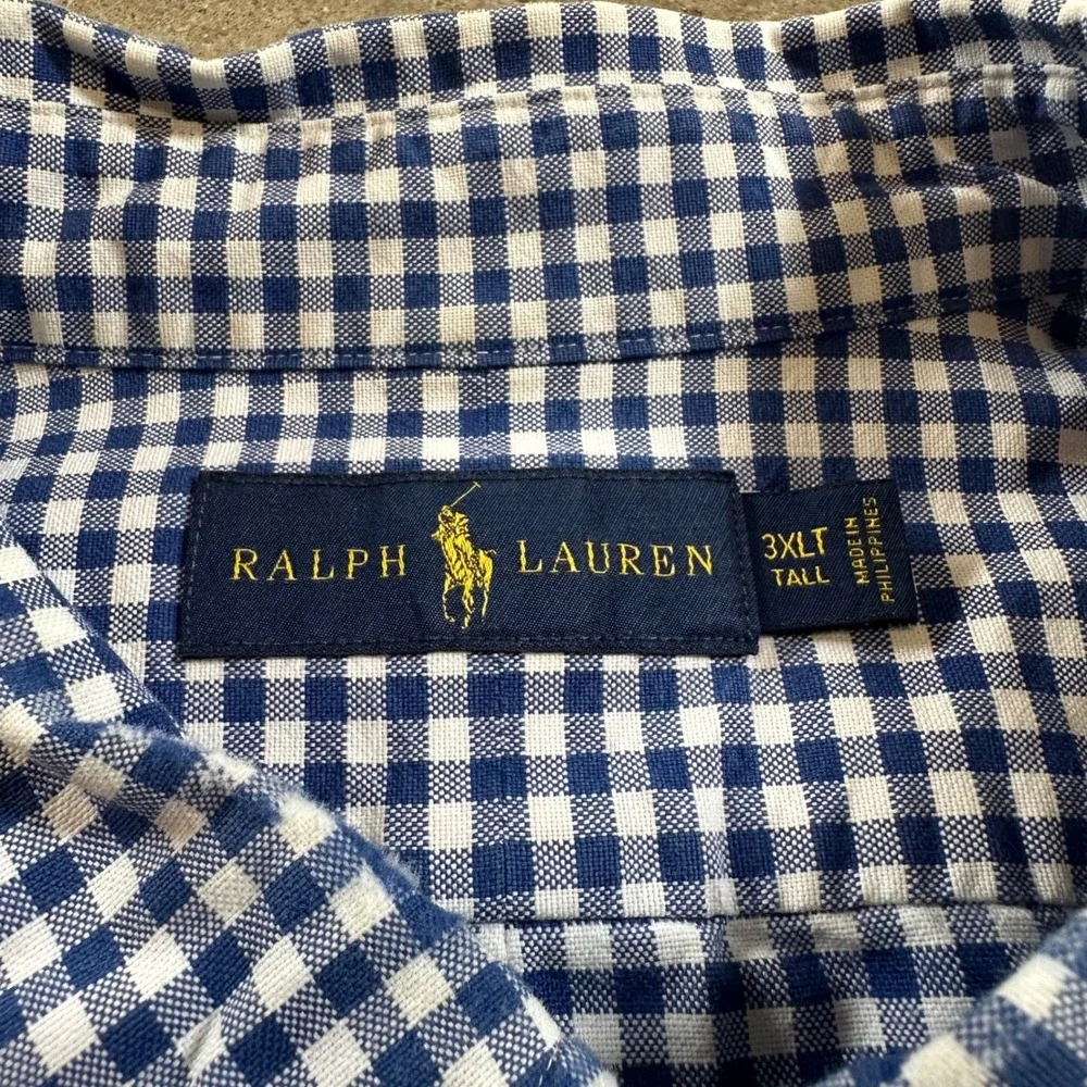 Ralph Lauren Button Down Men 3XLT Blue Gingham Check Plaid LS Shirt Flesh Pony - Picture 5 of 11